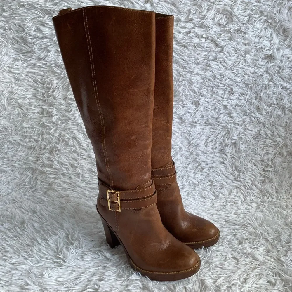 Tory Burch Brown Leather Platform Heels Boots with Ankle Straps Size 8 - Picture 1 of 11